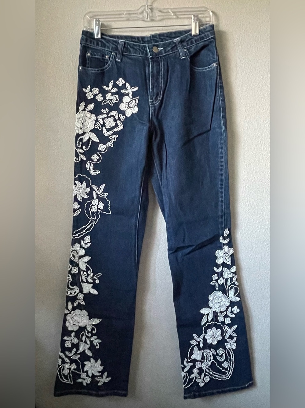 Midnight Velvet Jeans with White Floral Embroidery